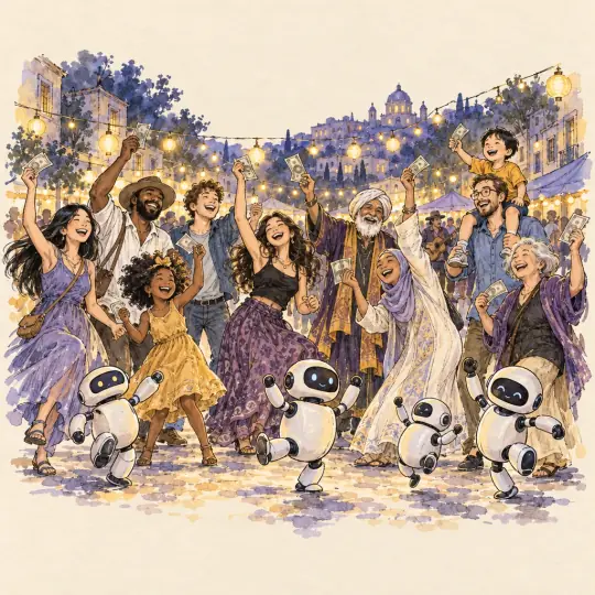 Sketch of a joyful crowd at an evening street festival under string lights, waving money, with small robots dancing among them.