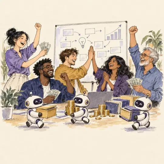 Sketch of five founders cheering at a whiteboard of boxes and arrows while small friendly robots carry folders and coins.