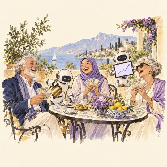 Sketch of three smiling investors at a terrace table holding banknotes while small robots serve coffee and show a rising chart.
